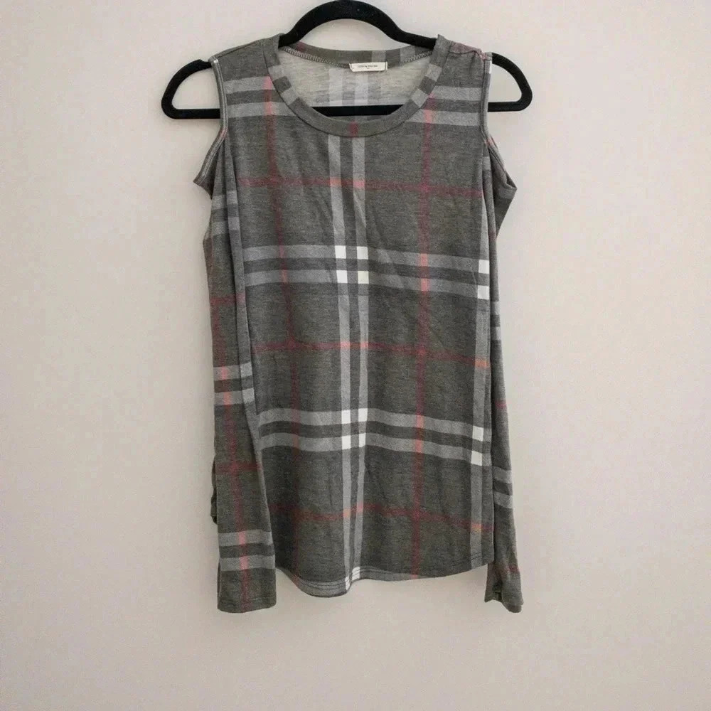 12PM by‎ Mon Ami Grey Plaid Print Cold Shoulder Top